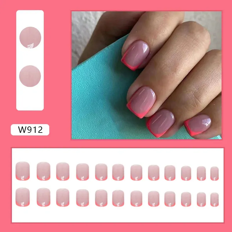 Wenkouban-24pcs Christmas French Fake Nails Short Square False Nails Snowflake Glitter Nail Art Full Cover Detachable Press on Nail Tips