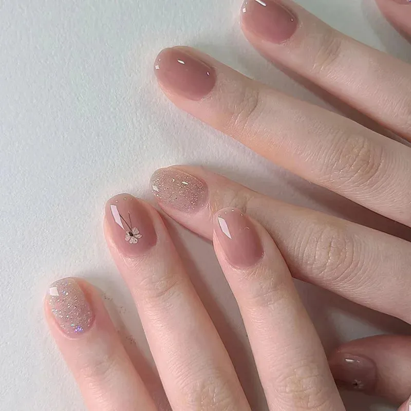 Wenkouban-24pcs Christmas French Fake Nails Short Square False Nails Snowflake Glitter Nail Art Full Cover Detachable Press on Nail Tips